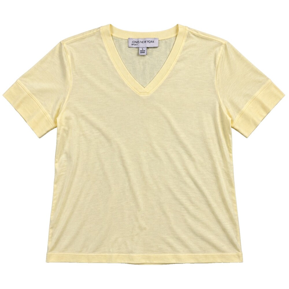 Jones New York Sport Yellow V Neck Shirt Womens L Short Sleeve Cotton Casual Top